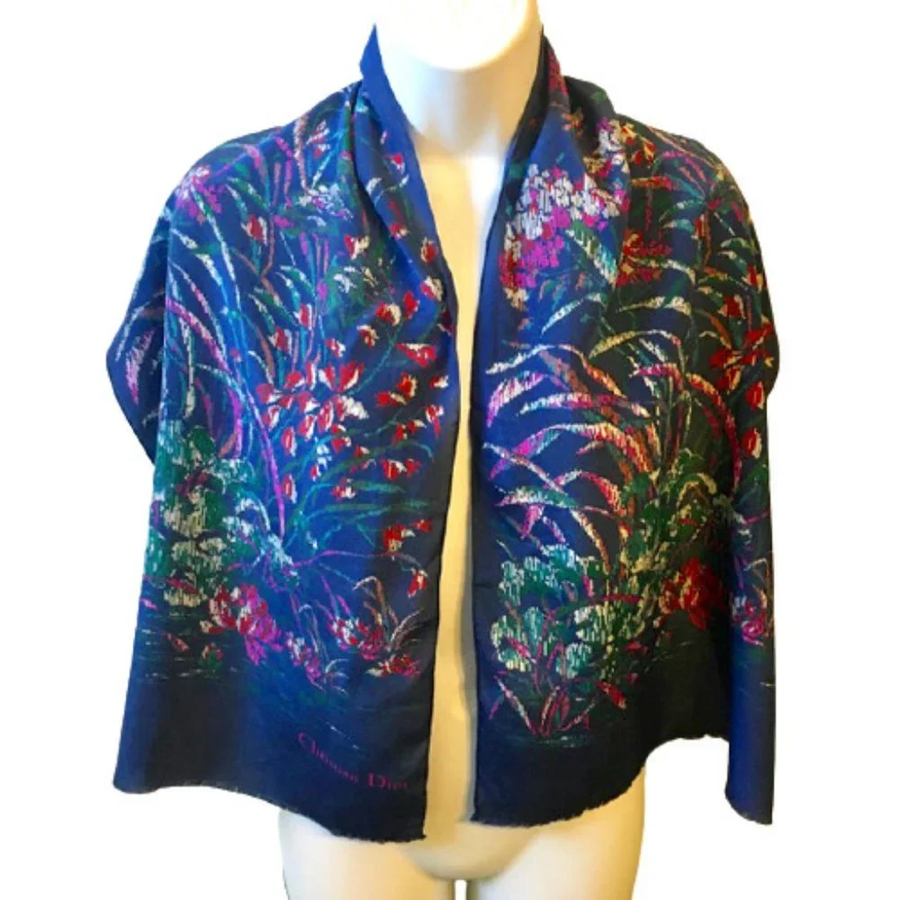 Christian Dior Silk Scarf Vintage Floral Royal Blue